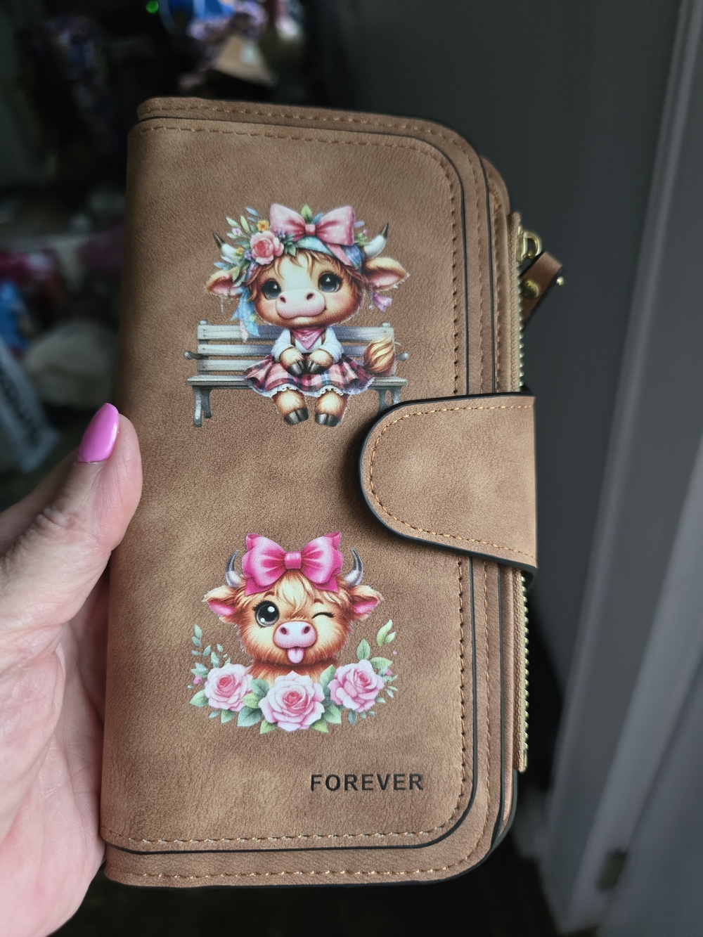 Brown Faux Leather Wallet with Cute Cow Artwork - "Forever"